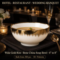 Lot de bols à soupe en porcelaine fine avec bordure dorée, tailles 4, 4.5, 5, 6, 8 pouces, vente en gros pour hôtels, restaurants, banquets et mariages