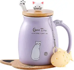 猫可爱陶瓷咖啡杯配可爱的小猫盖猫爪勺子卡哇伊杯垫新奇早茶牛奶圣诞马克杯