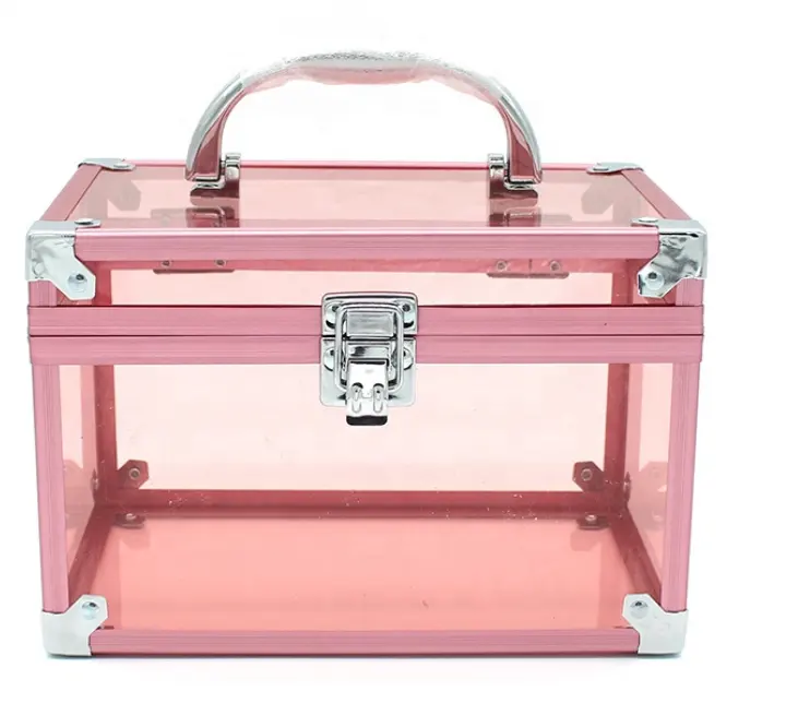 Factory OEM Aluminum Pink Acrylic Makeup Train Case Transparent Beauty Box Vanity Case