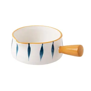 Single strong handle ceramic bowl with Hand painting blue leaf popular pattern food-contact safe