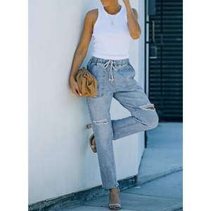 2025 femmes bleu clair Denim Cargo pantalon taille 14 taille haute élastique cordon Joggers déchiré crayon Style respirant - Product Image 1