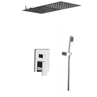 Système de douche encastré chromé moderne de luxe avec mitigeur cascade et pluie, tête de douche à jet cascade et douchette à main avec cartouche céramique