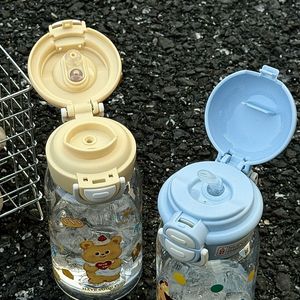 Planet Plastic Cup Double-Lid Straw Bottle For Children Leak-Proof Portable Travel Use Butter Bear Polka Dot Puppy Blue Kitten - Product Image 2