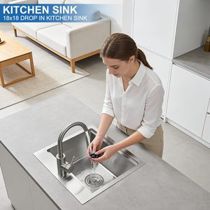 <span class=keywords><strong>Évier</strong></span> de <span class=keywords><strong>cuisine</strong></span> encastrable fait main de 18 pouces, poste de travail en acier inoxydable 18x18x10, cuve carrée simple, installation encastrée, anti-ternissement - Product Image 2