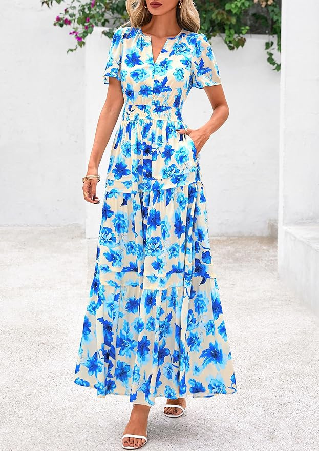 flowy maxi dress with short sleeves PRETTYGARDEN Women's Boho Maxi Dresses Floral Short Sleeve V Neck A Li