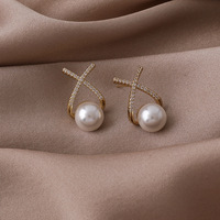 Pendientes de tuerca de perlas de lujo para mujer, joyería de moda en forma de X, aretes de gota de perlas de diamante de aleación para mujer 2022