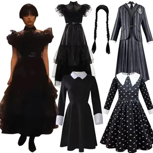 할로윈 빈티지 블랙 고딕 어린이 멋진 아이 부활절 카니발 수요일 Addams 코스프레 의상 소녀 드레스
