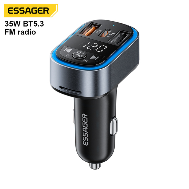 ESSAGER F748 Blue Tooth Fm Transmitter Adapter Car Kit with Dual Usb C Car Charger Mp3 Player Support TF Card & Usb Disk