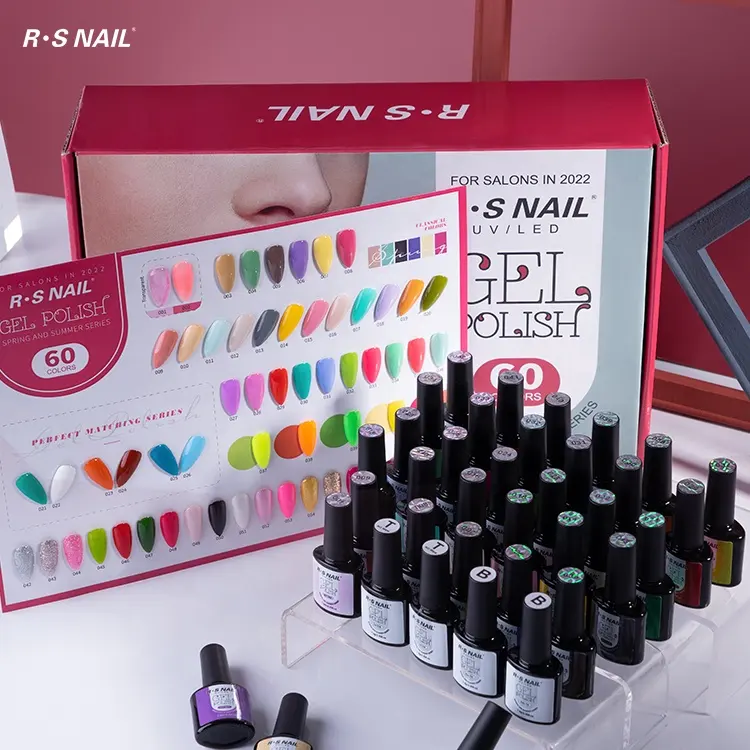 RS Set Kutek Gel Perawatan Kuku, 60 Buah Cat Kuku Salon Seni UV Gel Kit Lapisan Dasar Pasang, Set Cat Kuku Gel Panjang Warna