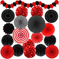 Décorations de fête rouges et noires, éventails en papier, pompons, guirlandes pour anniversaire, mariage, remise de diplôme, soirée jeux, fête garçon/fille
