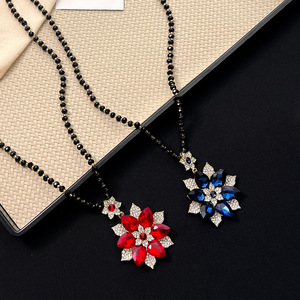 Guohaoshipin Floral Long Necklace Red Blue Crystal Pendant Party Sweater Chain - Product Image 2