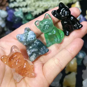 Crystal Crafts Small Cute Animal Polished Moss Agate French Bulldog Natural Mixed Material Dog Carving For Home Ornament