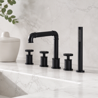 Robinet de baignoire romain 5 pièces en laiton noir mat avec douchette à main et fixation sur le rebord de la baignoire