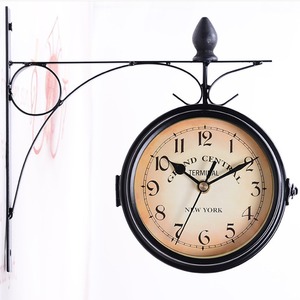 Vintage Double Sided <b>Wall</b> <b>Clock</b> Metal Station Style Hanging <b>Clock</b> <b>Black</b> Round Needle Display for Indoor Outdoor Decor - Product Image 5