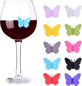 Popular 12 pieces Silicone Butterfly Wine Glass Marker Label For Party Bar Wine Drinking