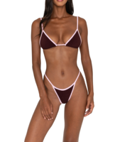 Ensemble bikini deux pièces sur mesure, haut triangle à nouer dans le dos, bas string coupe haute, bordure contrastante, bikini sexy
