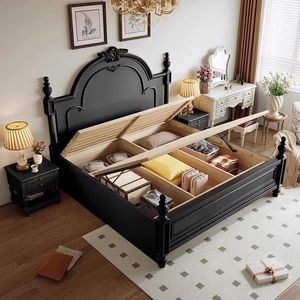 Cama Retro Negra de Madera Maciza de 1.8M, Tamaño King, con Almacenamiento, Estilo Vintage Francés, Muebles de Dormitorio - Product Image 1