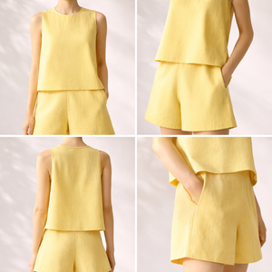 Women's 2 Piece <b>Linen</b> Shorts <b>Set</b> Sleeveless O-Neck Solid Yellow Casual Spring Summer Breathable Regular Fit Above Knee - Product Image 3