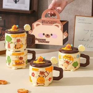 Cute High-Value <strong>Bee</strong> Bear Ceramic <strong>Mug</strong> with Lid for Home Office Couple Creative Gift - Product Image 1