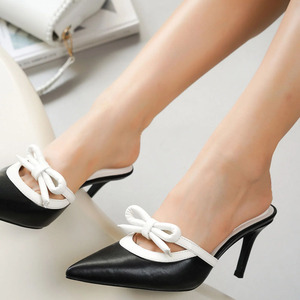 Women Front Bow Knot Strap Sandals Sexy Dress Stiletto High <b>Heels</b> Pointy Toe on <b>Mules</b> PVC Shoes - Product Image 1