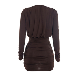Robe moulante plissée à manches longues et col en V profond, couleur unie, décontractée, nouvelle collection automne-hiver pour femmes Viviblook C26DS333 - Product Image 6