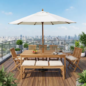 Teak Garden Set Outdoor Dining <b>Table</b> and Chairs Patio Furniture with Cushions and <b>Umbrella</b> for Yard - Product Image 3