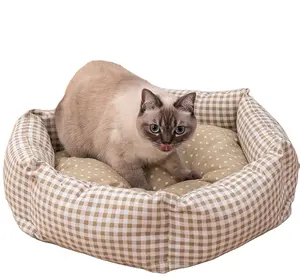 猫と犬のためのオールシーズン六角形ペットベッド、カーキチェック柄ペットマット、洗える冬の暖かいペットベッド