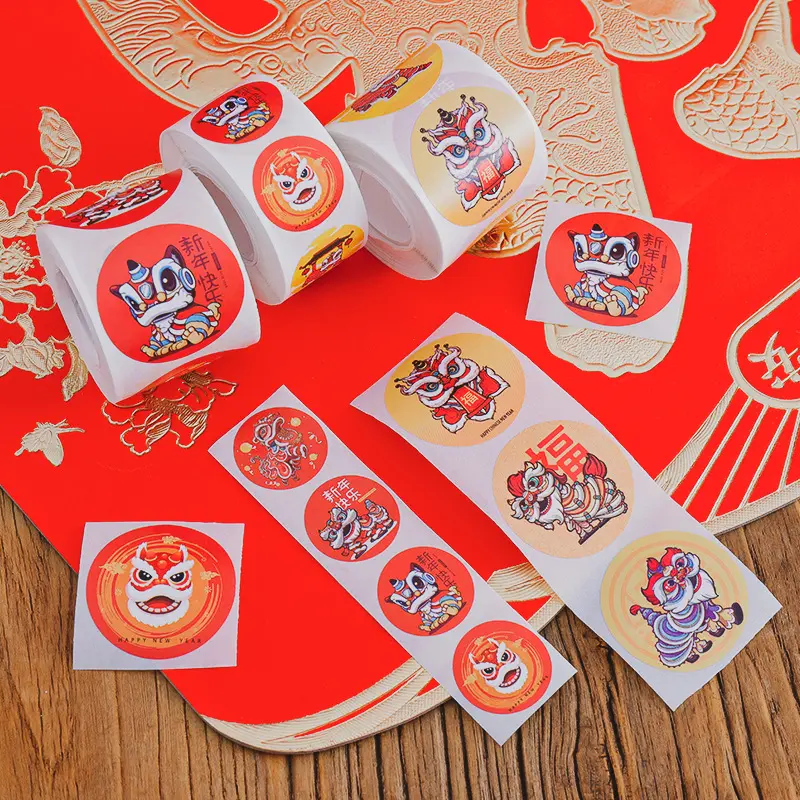 Custom Logo Cute Lion Dance Happy New Year Sealing Stickers Gift Decor Packaging Sticker Seal Cartoon Sealing Stickers Wholesale