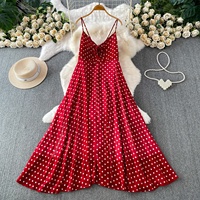 Robe Camisole Rouge Rétro à Pois avec Lacets et Col en V pour Femme, Élégante et Fluide, Jupe Longue Ample pour l'Été