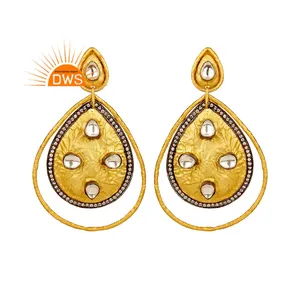 Zircon and Crystal Polki Set Earrings 22k Yellow Gold Plated Brass Statement Fashion Dangle Earrings Jewelry Wholesale