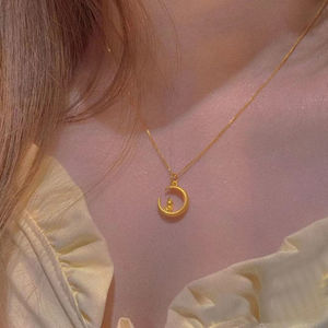 Moon And Rabbit Pendant Necklace 24k Gold Plated Copper Clavicle Chain For Women Gift Occasion - Product Image 4