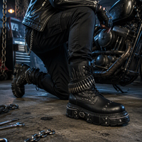 Bottes de Combat Plateforme Gothiques Punk - Bottes en Cuir Steampunk Heavy Metal avec Chaîne Balle et Motif Flamme pour Hommes et Femmes
