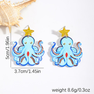 Pendientes Colgantes de Acrílico con Forma de <span class=keywords><strong>Pulpo</strong></span> Azul de Dibujos Animados y Estrella Dorada - Divertidos Pendientes de Animales Marinos para Mujer, Joyería de Playa - Product Image 6