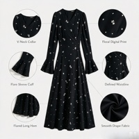 Robe longue évasée à imprimé floral pour femme, col en V, manches longues cloche, taille haute, coupe fluide, élégante pour soirée ou tenue décontractée