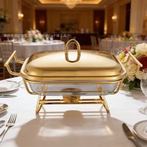 Réchaud de buffet carré en verre avec cadre doré, verre résistant à la chaleur pour événements et réceptions - Product Image 1