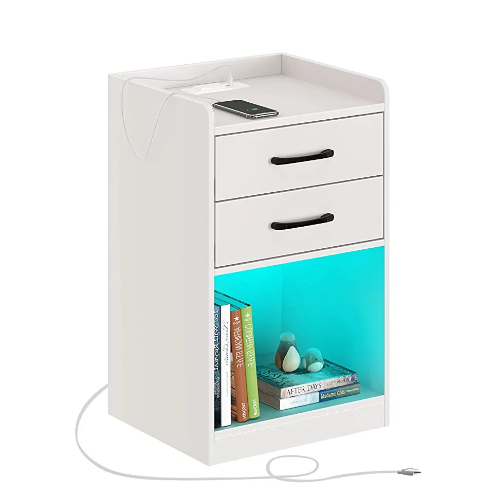 Modern Nightstand Drawers Bedroom Cheap Night Stand Simple Design Bedside Table Nightstands with Charging Station LED Light