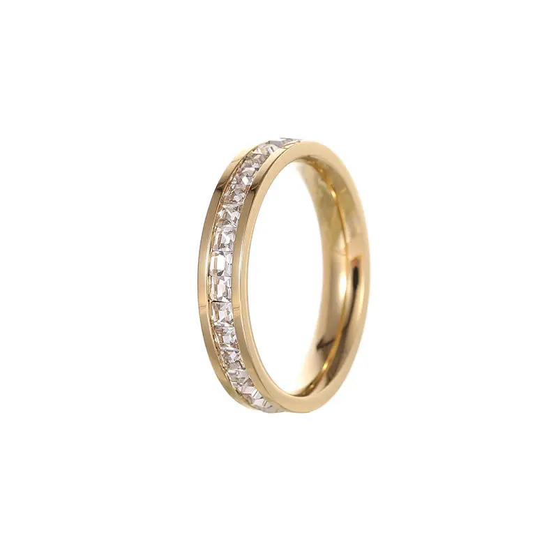 R42-005 Halo aço inoxidável ferro chapeamento ouro cz anel com embutimento completo pedras quadradas