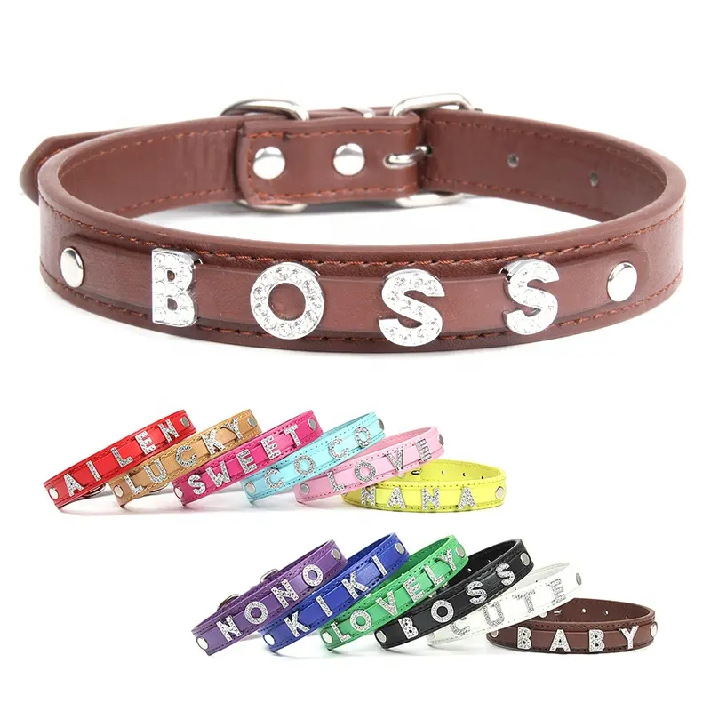 Collar de cuero para perro XL con abalorios de letras sólidas personalizadas para perros y gatos pequeños, collares de PU con nombre DIY