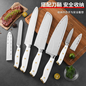 5 件套白色厨房刀具套装，带刀鞘，不锈钢手工制作厨师刀、面包刀和水果刀，双刃，安全收纳 - Product Image 1