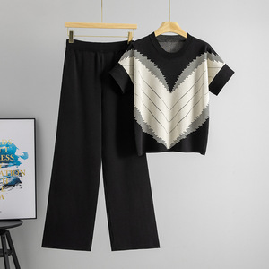 Ensemble de vêtements en tricot pour femmes, haut à col en V avec patchwork, pantalon large, tenue décontractée, jaune beige, taille 30-50 - Product Image 2