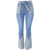 YUANBOFEI Jeans de haute qualité, directement de la source, taille mi-haute, en denim extensible d'été, patchwork, évasé, délavage à l'eau, longueur intégrale