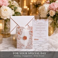 Juego de Invitaciones de Boda Islámicas de Lujo, Sobre Blanco con Sello de Cera Monograma en Oro Rosa, Envoltura Floral de Papel Vitela, Tarjeta Nikkah
