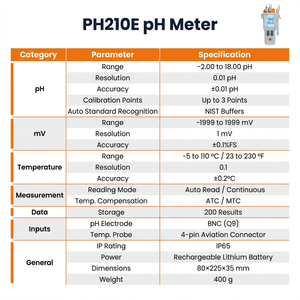 pH-mètre portable PH210E avec batterie au lithium rechargeable et rétroéclairage pour la mesure rapide sur site/de la qualité de l'eau - Product Image 2