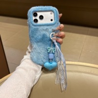 Coque de téléphone en peluche dégradée mignonne avec pendentif breloque cœur, nœud et dentelle, Housse d'hiver pour iPhone 13 14 15 16 17 18 Pro Max 18 Pro