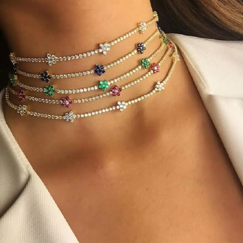 Alta qualidade minimalista jóias delicado zircão cadeia colar gargantilha flor brilhante para as mulheres
