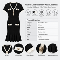 Robe Midi Tricotée Élégante d'Été pour Femme, Style Français, Col en V, Blocs de Couleurs, Manches Courtes, Taille Cintrée, Coupe Moulante, Vente en Gros OEM ODM