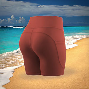 Pantalones Cortos de Yoga de Cintura Alta para Mujer, Diseño Sólido, Spandex/Nylon, con Bolsillo Inferior Tipo Peach, Cintura Elástica, Efecto Adelgazante, para Fitness - Product Image 2