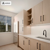 Meubles de cuisine en mélamine au design contemporain, configuration en U, options de rangement coulissants et commandes sur mesure