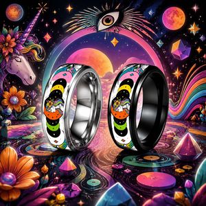 Anillo de banda ancha de acero inoxidable <span class=keywords><strong>Dina</strong></span> American Graffiti Moon Phase Girl, diseño de estrella y luna, estilo vintage, joyería de moda al por mayor - Product Image 1
