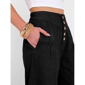Womens Wide Leg High Waisted Cropped Denim Pants With Buttons And <b>Pockets</b> Breathable Cotton Material Spring Fashion Style - Product Image 4